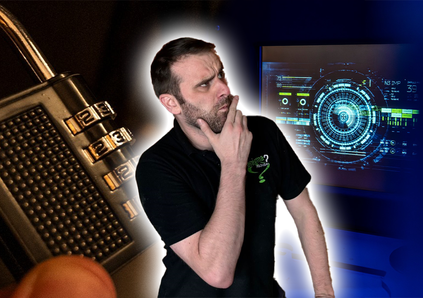 A puzzled Enigma Rooms team member beside a combination lock and escape-room screen