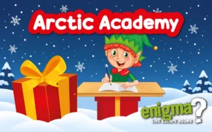 Arctic Academy Christmas pop-up escape game in Doncaster, with an elf studying for the final exam
