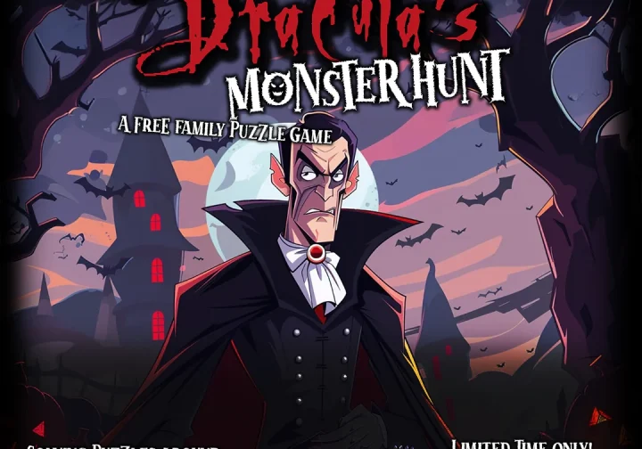 Dracula’s Monster Hunt artwork showing cartoon Dracula and advertising Enigma Rooms’ free family puzzle game at Princes Quay.